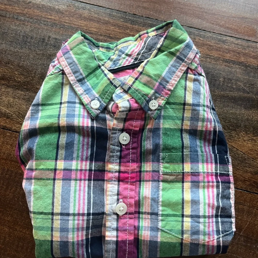 GYMBOREE COLLARED SHIRT pink navy green plaid‎ BUTTON DOWN SIZE XS (4)